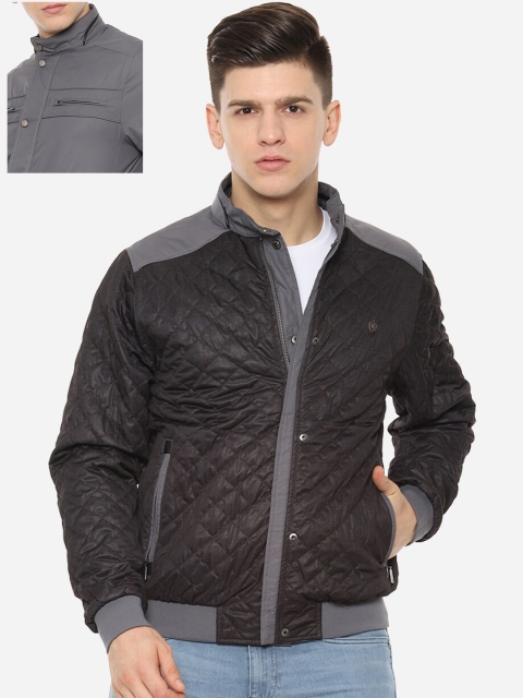 

Louis Philippe Men Black & Grey Colourblocked Reversible Quilted Jacket