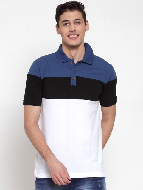 

Kalt Men Blue & White Colourblocked Polo Collar T-shirt