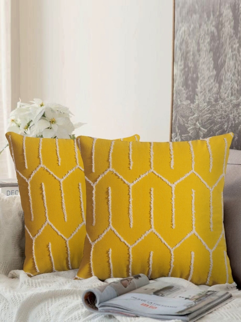 

LUXENMEAD Mustard Yellow Set of 2 Embroidered Square Cushion Covers