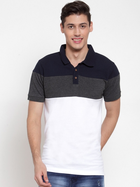 

Kalt Men Navy Blue & White Colourblocked Polo Collar T-shirt