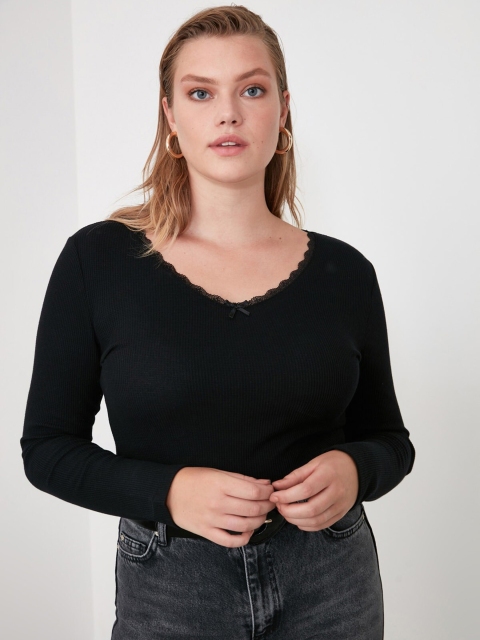 

TRENDYOL COLLECTION Women Black Solid Fitted Pure Cotton Top