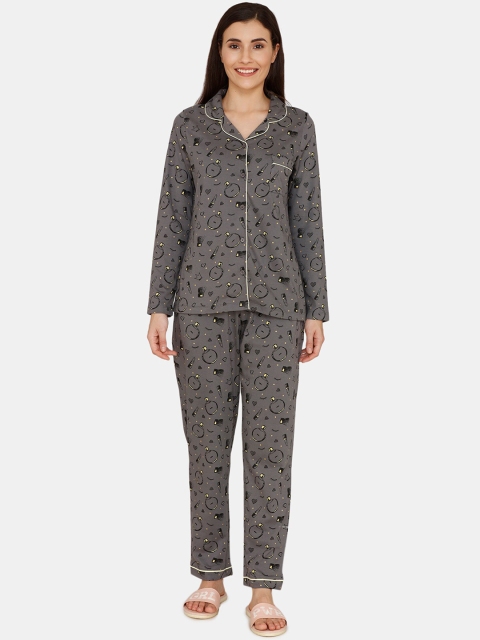 

Zivame Women Grey & Black Printed Night Suit