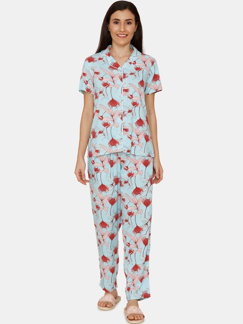 

Zivame Women Aqua Blue & Red Floral Printed Night suit
