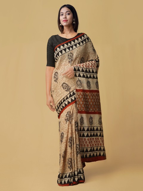 

Unnati Silks Cream-Coloured & Brown Pure Cotton Printed Kota Saree
