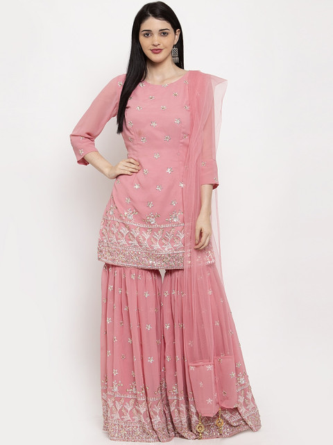 

KHALOM Women Pink Embroidered Kurti with Sharara & Dupatta