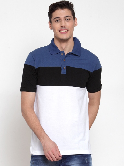 

Kalt Men Blue & White Colourblocked Polo Collar T-shirt