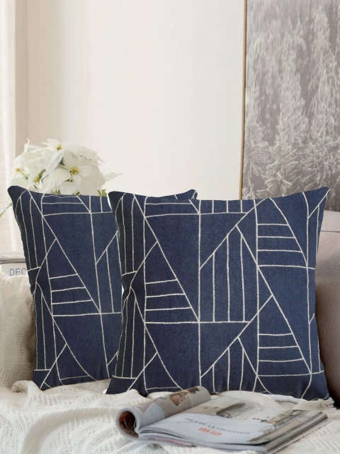 

LUXENMEAD Navy Blue & White Set of 2 Embroidered Square Cushion Covers