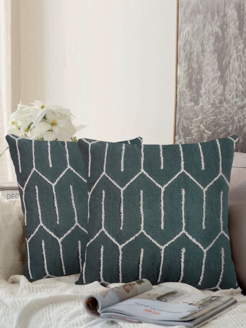 

LUXENMEAD Green Set of 2 Self Design Square Cushion Covers