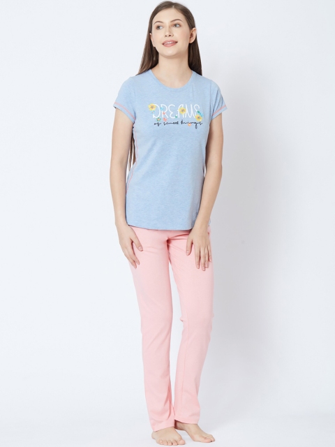 

Sweet Dreams Women Sky Blue & Peach Printed Night suit