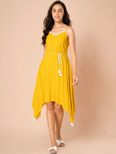 

INDYA Women Yellow Solid A-Line Dress