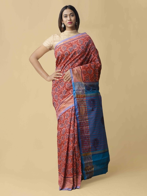 

Unnati Silks Pink & Blue Silk Cotton Printed Pochampally Saree