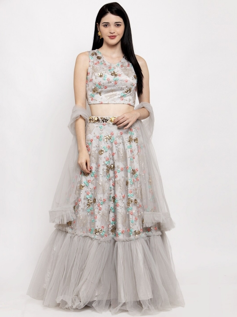 

KHALOM Grey & Pink Embroidered Ready to Wear Lehenga & Blouse with Dupatta