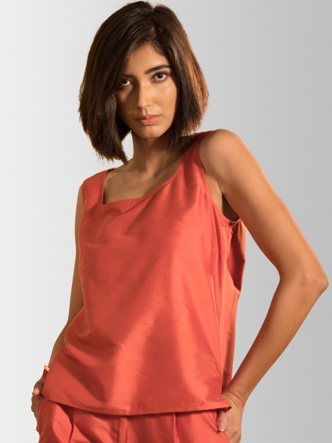 

FableStreet Women Rust Orange Cotton Silk Solid Top