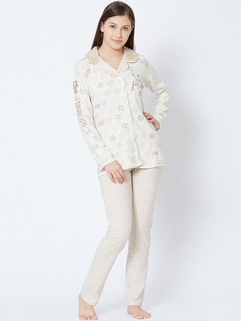 

Sweet Dreams Women Cream & White Printed Night suit