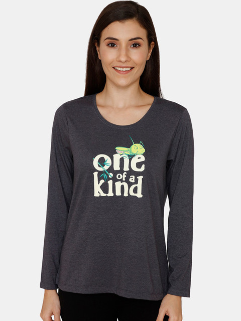 

Zivame Women Charcoal Grey & Off White Printed Pure Cotton Top