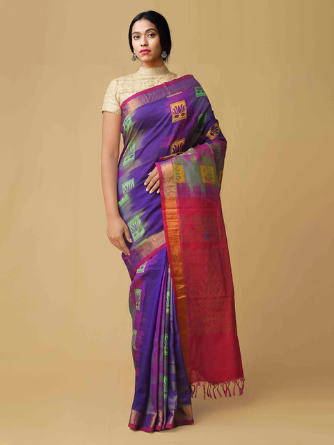 

Unnati Silks Purple & Pink Silk Cotton Woven Design Pochampally Saree