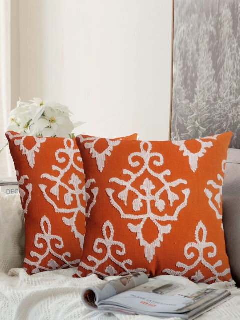 

LUXENMEAD Orange & White Set of 2 Embroidered Square Cushion Covers