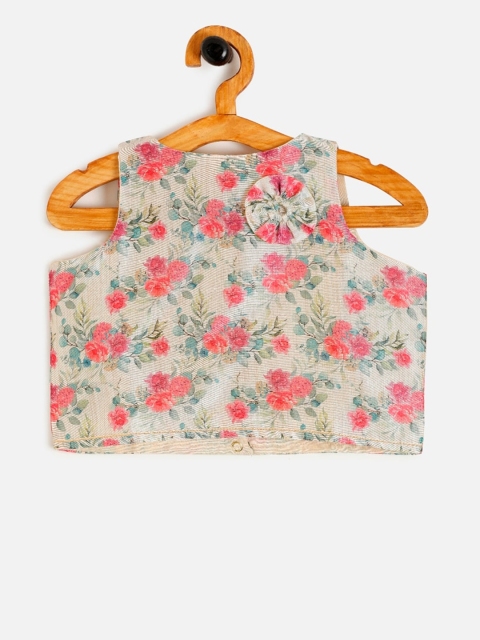 

Aomi Girls Cream-Coloured & Pink Floral Printed Top