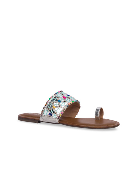 

Inc 5 Women Silver-Toned Embellished Fabric One Toe Flats