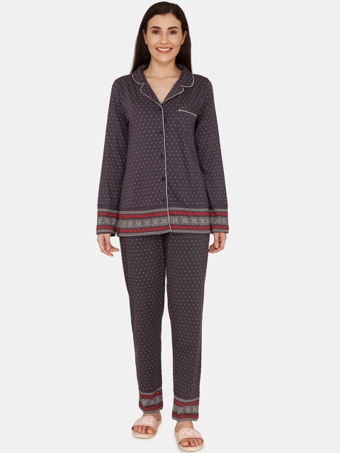 

Zivame Women Grey Polka Dots Printed Night suit