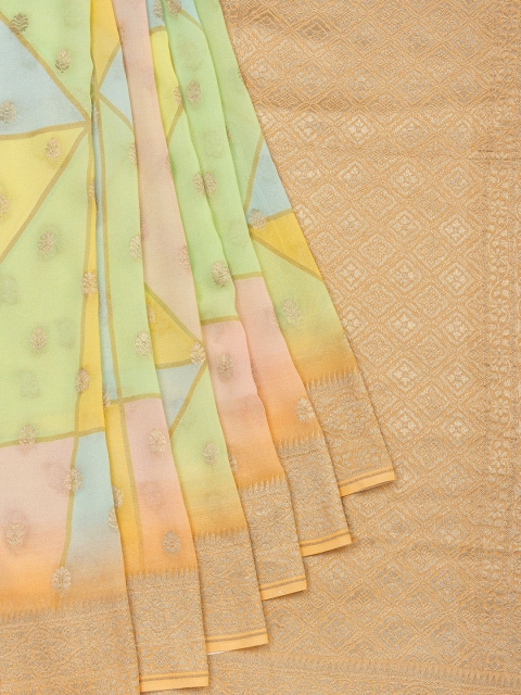 

Vijayalakshmi Silks Yellow & Green Pure Georgette Printed Handloom Banarasi Saree