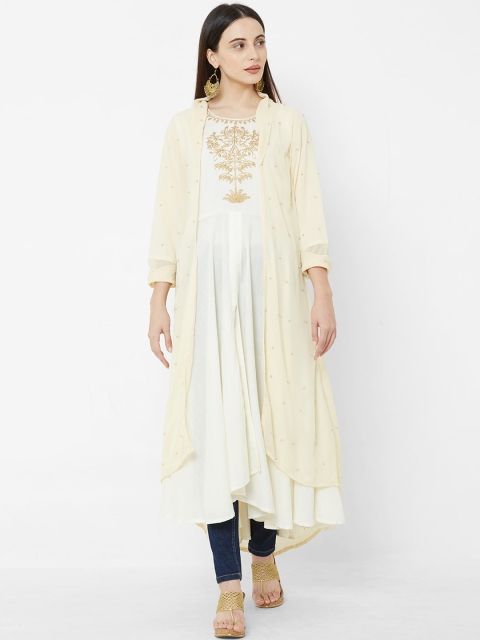 

Vedic Women Beige Embellished Longline Open Front Jacket