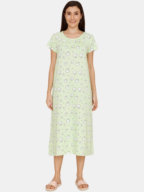 

Zivame Women Green & White Sheep Print Pure Cotton Nightdress