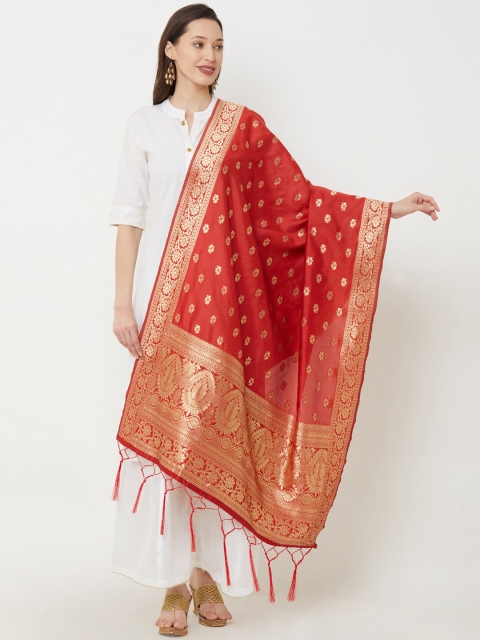 

Satrani Women Red & Gold-Toned Woven Design Jacquard Banarasi Dupatta
