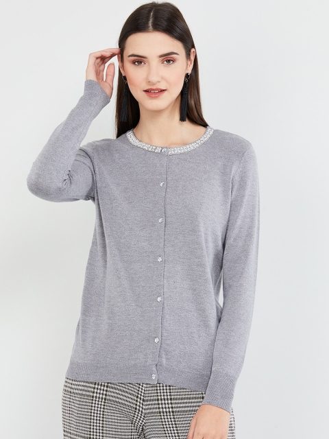 

max Women Grey Solid Front Open Sweater
