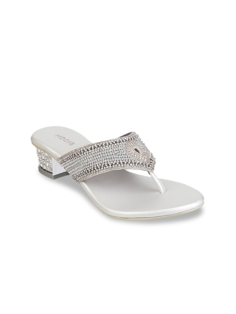 Mochi Women Silver-Toned Woven Design Embellished Block Heels