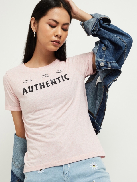 

max Women Pink Printed Round Neck Pure Cotton T-shirt