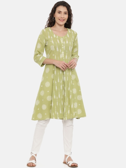 

Neerus Women Green & White Woven Design Anarkali Kurta