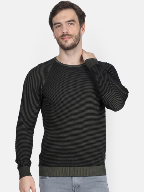 

Monte Carlo Men Olive Green & Black Striped Pullover Sweater