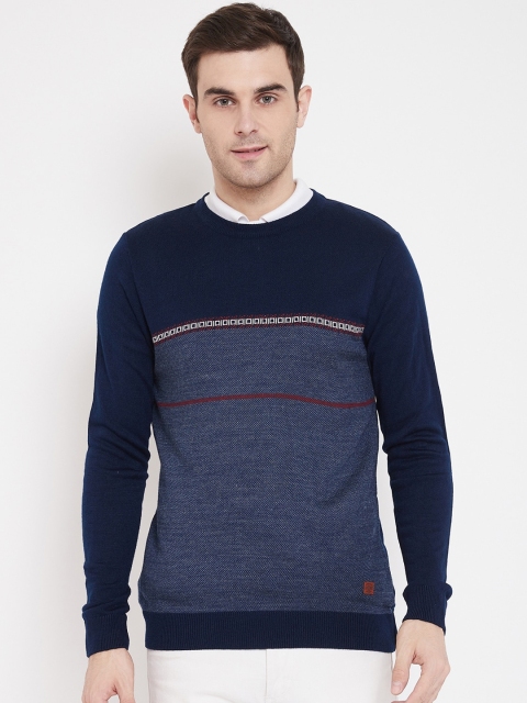 

NEVA Men Navy Blue Colourblocked Knitted Woollen Pullover Sweater