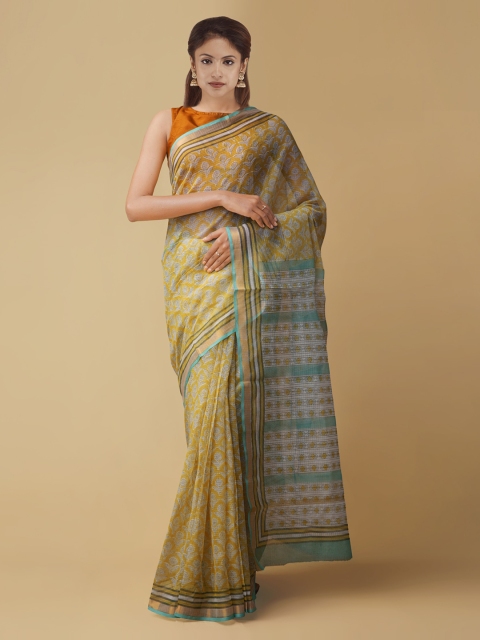 

Unnati Silks Yellow & Blue Handloom Pure Cotton Printed Kota Saree
