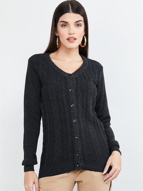 

max Women Charcoal Grey Cable Knit Patterned Cardigan Sweater