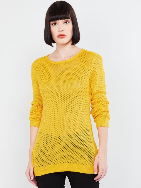 

max Women Yellow Self Design Pullover Sweater