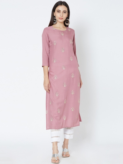 

FASHOR Women Pink Embroidered Straight Kurta