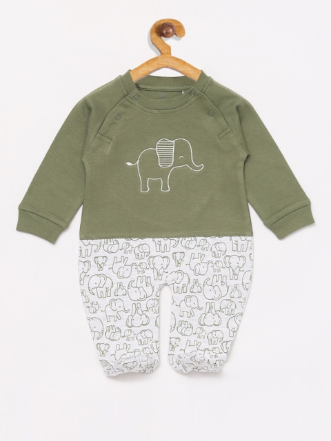 

BABY GO Infant Boys White & Green Printed Organic Cotton Romper