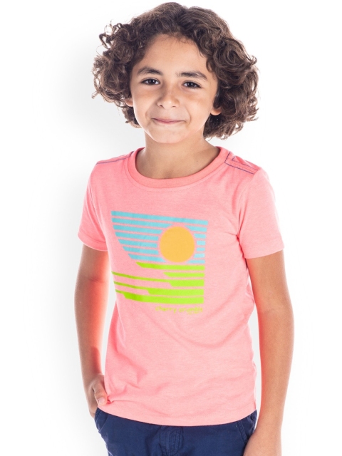 

Cherry Crumble Boys Coral Orange & Yellow Printed Round Neck T-shirt