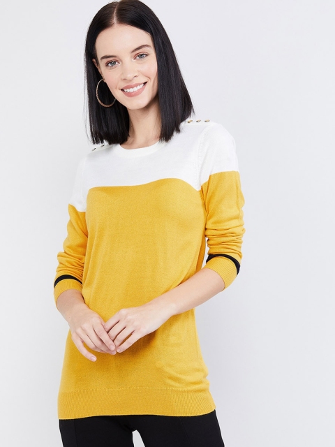 

max Women Mustard Yellow & White Colourblocked Acrylic Pullover Sweater