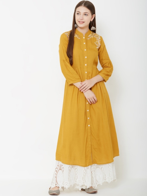 

FASHOR Women Mustard Yellow Floral Embroidered A-Line Kurta