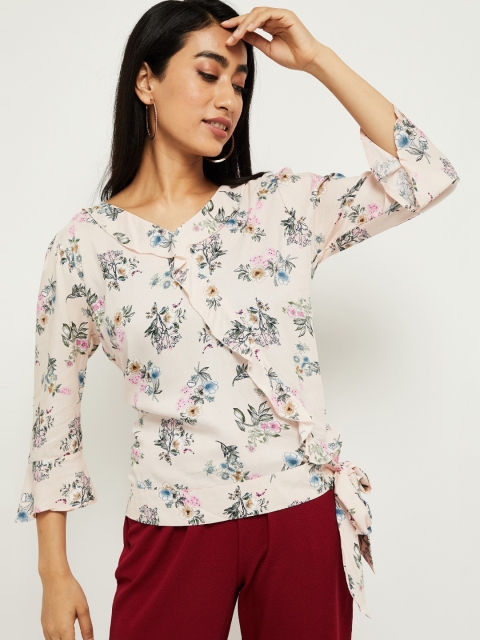 

max Women Peach-Coloured & Blue Floral Printed Top