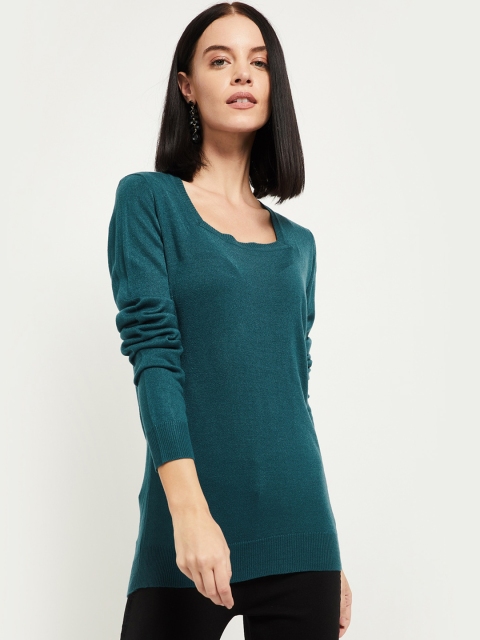 

max Women Teal Blue Solid Pullover Sweater