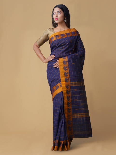 

Unnati Silks Navy Blue & Orange Pure Kanchi Cotton Checked Handloom Saree