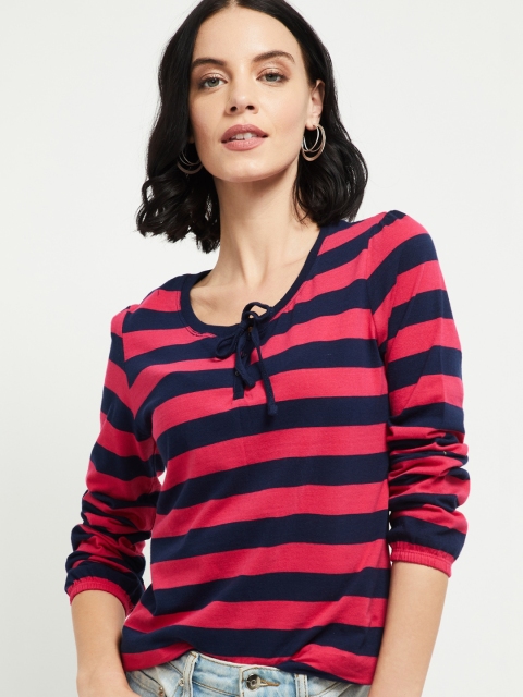 

max Women Navy Blue Pink Striped Cotton Polo Collar Pure Cotton T-shirt