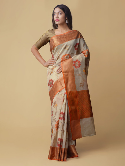 

Unnati Silks Brown & Orange Silk Cotton Printed Banarasi Saree