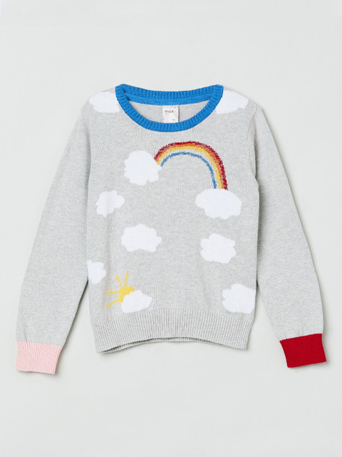 

max Girls Grey Melange & White Self Design Pullover Sweater