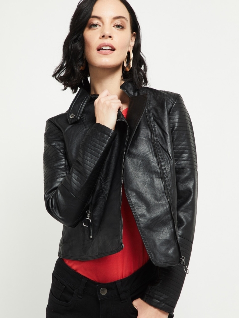 

max Women Black Solid Biker Jacket