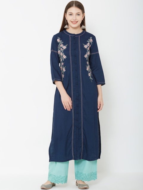 

FASHOR Women Navy Blue Floral Embroidered Straight Kurta